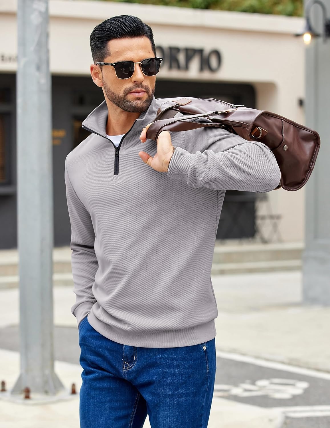 image:imageCOOFANDY Mens Quarter Zip Pullover Sweatshirt Casual Mock Neck Sweater 2026Grey