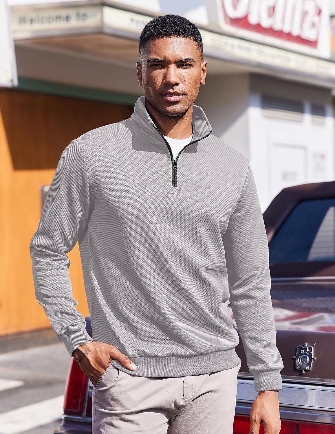image:imageCOOFANDY Mens Quarter Zip Pullover Sweatshirt Casual Mock Neck Sweater 2026Grey