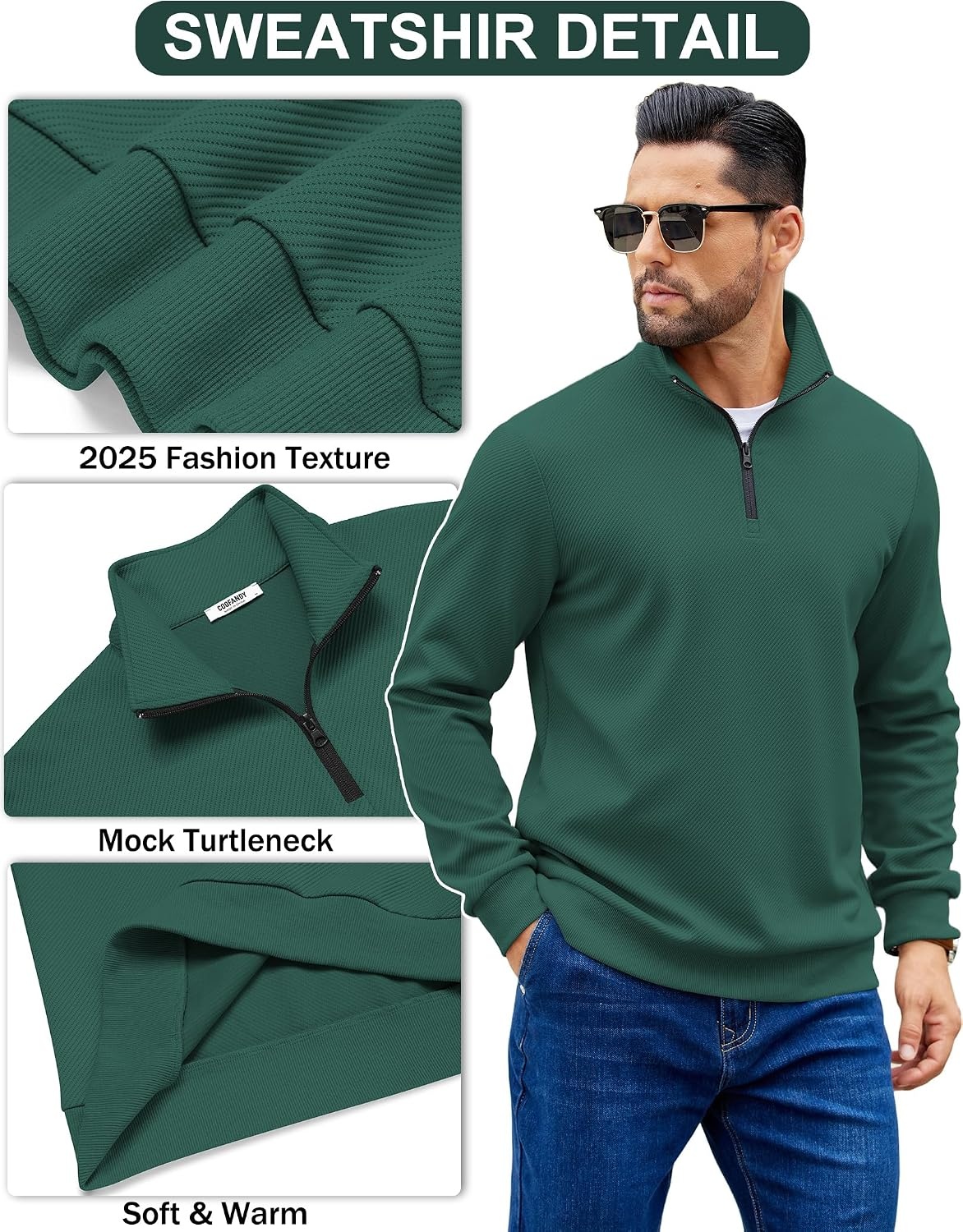image:imageCOOFANDY Mens Quarter Zip Pullover Sweatshirt Casual Mock Neck Sweater 2026Light Green