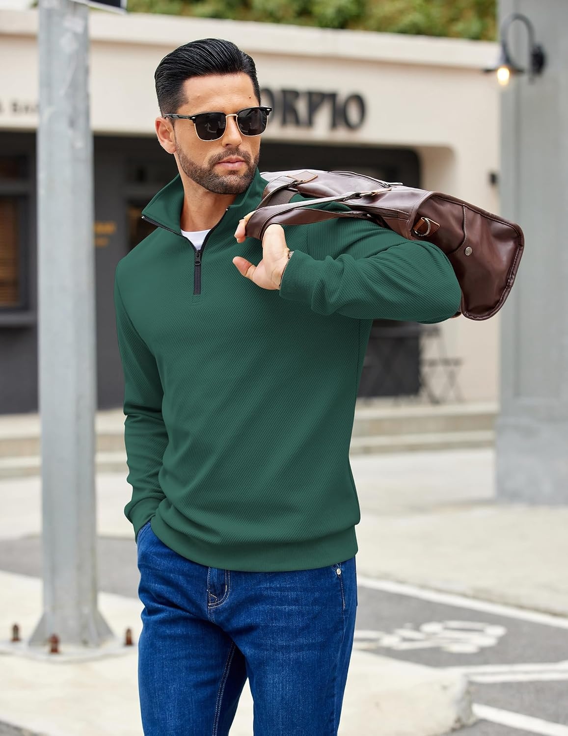 image:imageCOOFANDY Mens Quarter Zip Pullover Sweatshirt Casual Mock Neck Sweater 2026Light Green