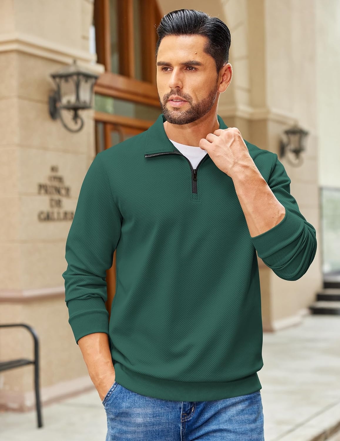 image:imageCOOFANDY Mens Quarter Zip Pullover Sweatshirt Casual Mock Neck Sweater 2026Light Green