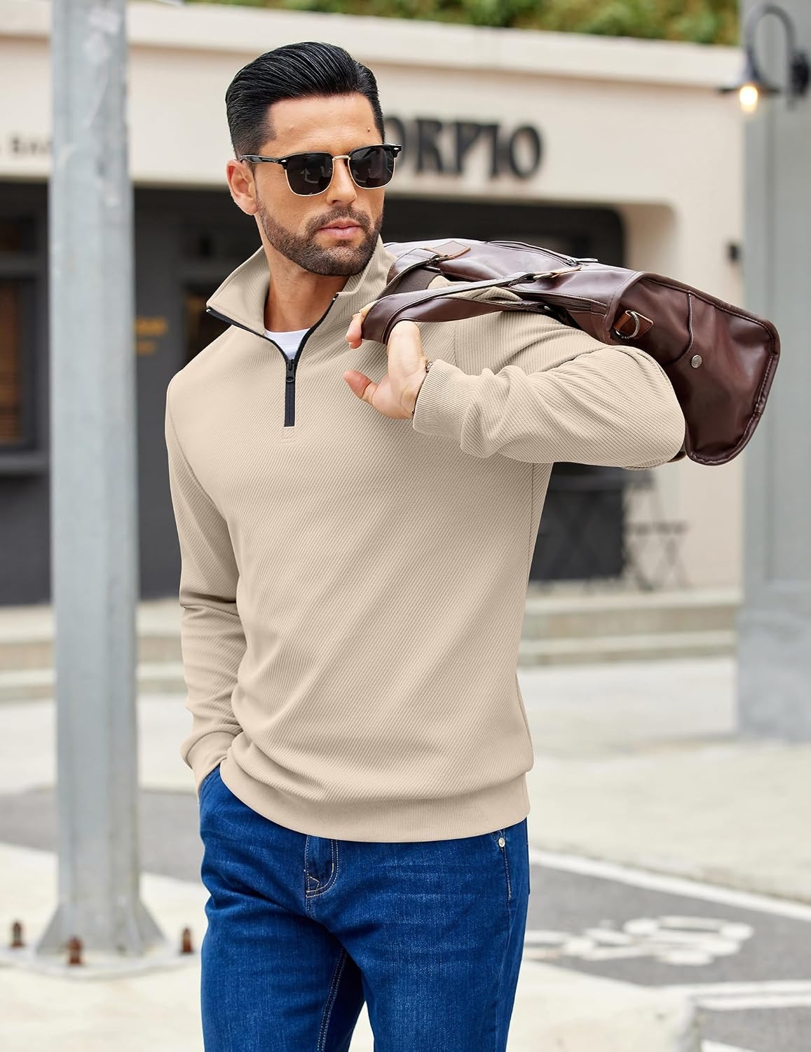 image:imageCOOFANDY Mens Quarter Zip Pullover Sweatshirt Casual Mock Neck Sweater 2026Light Khaki