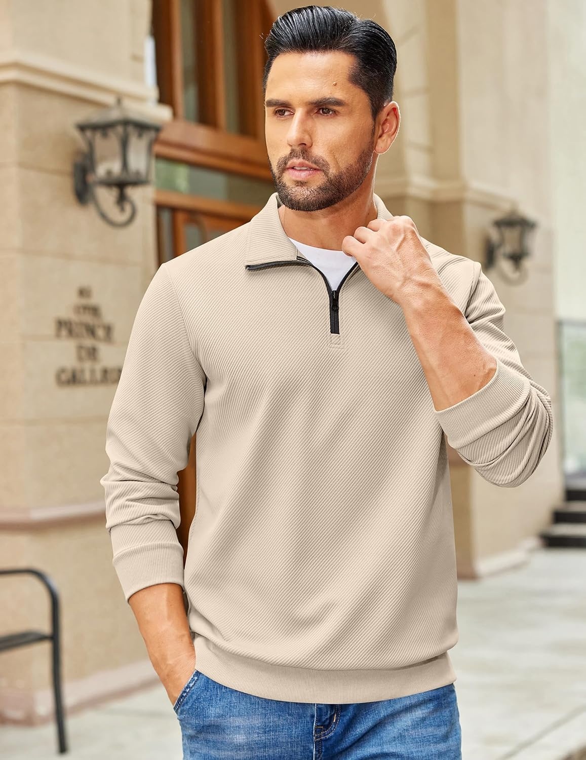 image:imageCOOFANDY Mens Quarter Zip Pullover Sweatshirt Casual Mock Neck Sweater 2026Light Khaki