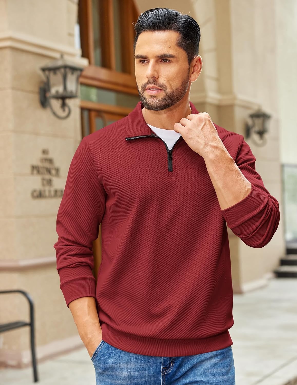 image:imageCOOFANDY Mens Quarter Zip Pullover Sweatshirt Casual Mock Neck Sweater 2026Wine Red