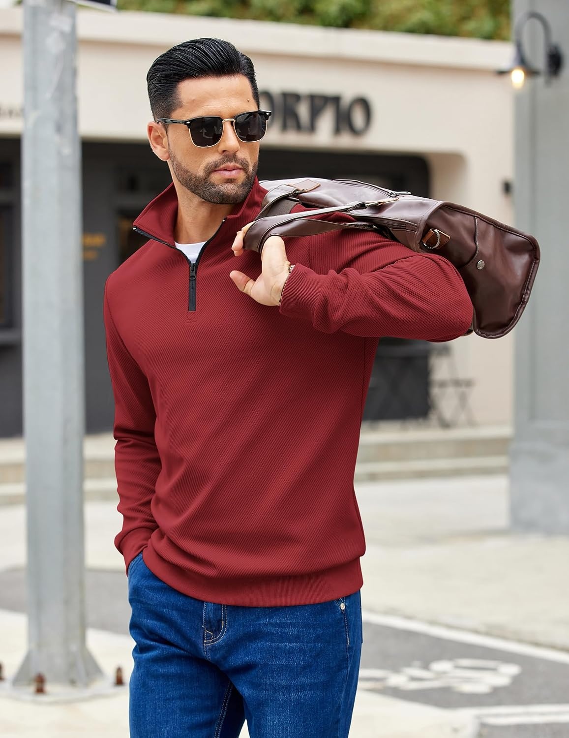 image:imageCOOFANDY Mens Quarter Zip Pullover Sweatshirt Casual Mock Neck Sweater 2026Wine Red