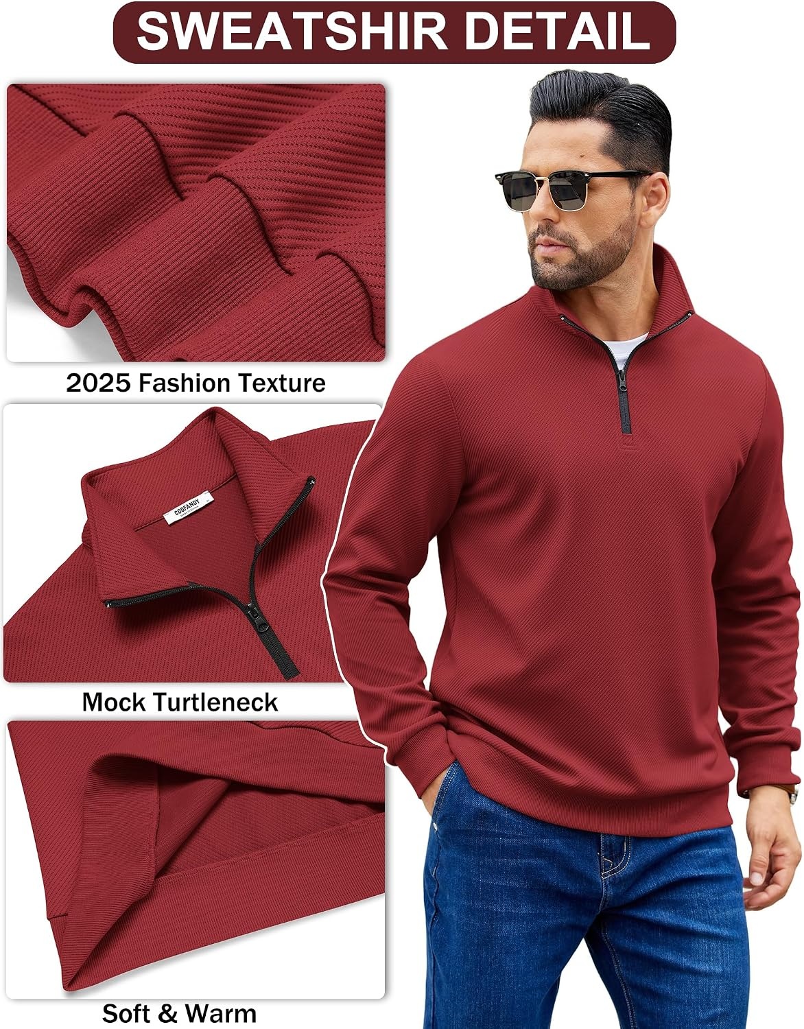 image:imageCOOFANDY Mens Quarter Zip Pullover Sweatshirt Casual Mock Neck Sweater 2026Wine Red