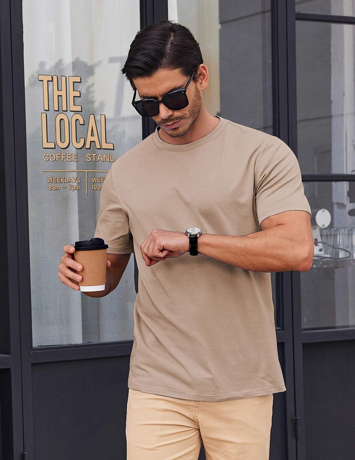 image:imageCOOFANDY Mens T Shirt Short Sleeve Cotton Blend TShirts Crew Neck Casual Summer Basic Tee ShirtsKhaki