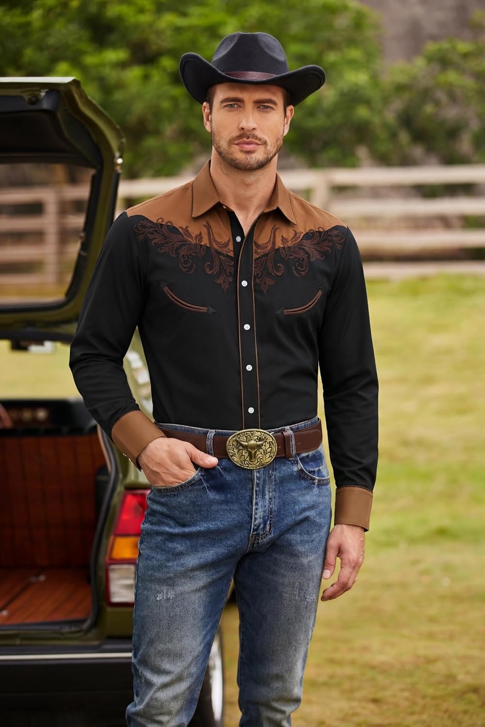 image:imageCOOFANDY Mens Western Cowboy Shirt Embroidered Button Down Long Sleeve ShirtsBlack Brown