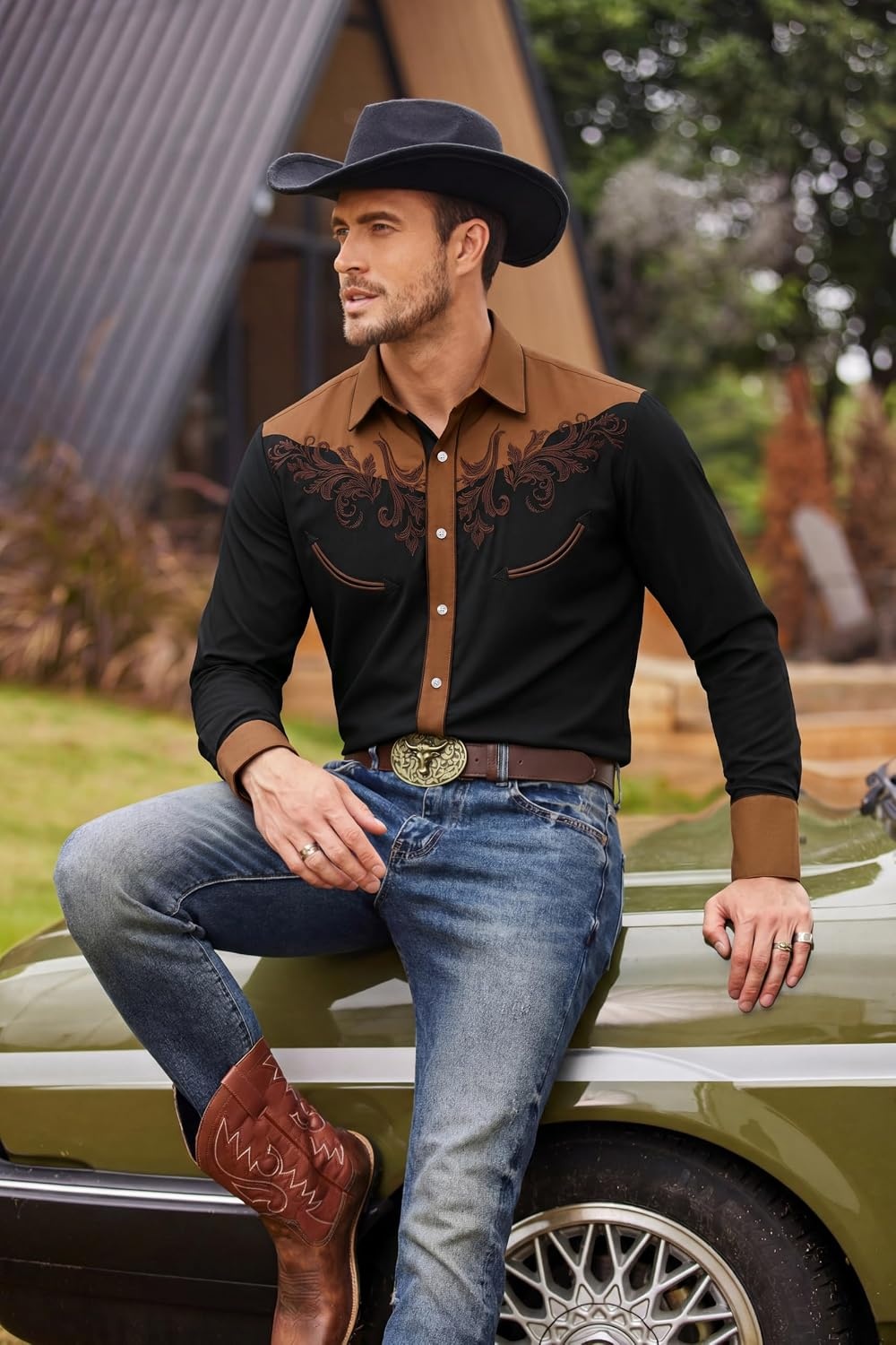 image:imageCOOFANDY Mens Western Cowboy Shirt Embroidered Button Down Long Sleeve ShirtsBlack Brown