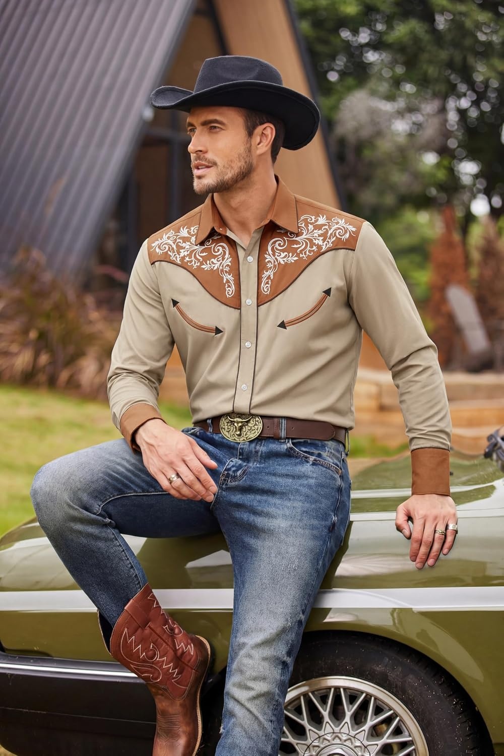 image:imageCOOFANDY Mens Western Cowboy Shirt Embroidered Button Down Long Sleeve ShirtsDark Brownkhaki
