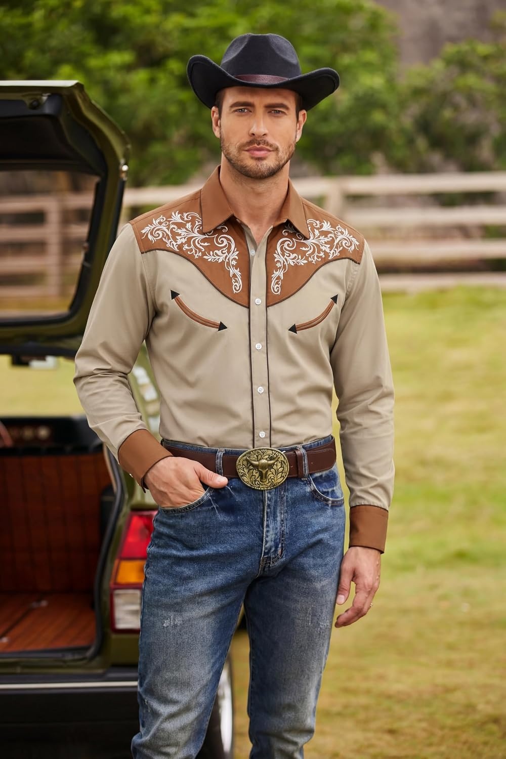 image:imageCOOFANDY Mens Western Cowboy Shirt Embroidered Button Down Long Sleeve ShirtsDark Brownkhaki