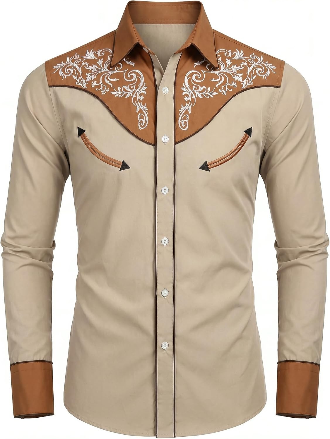 image:imageCOOFANDY Mens Western Cowboy Shirt Embroidered Button Down Long Sleeve ShirtsDark Brownkhaki