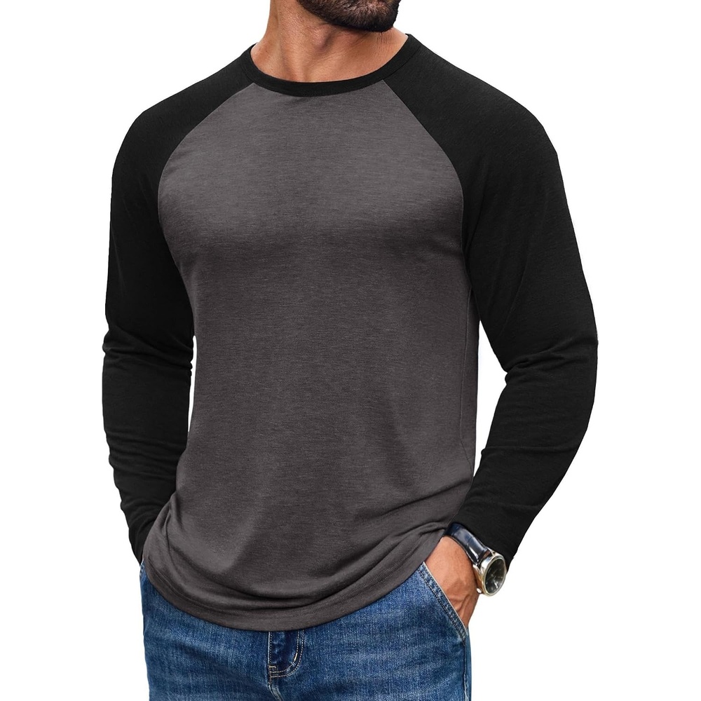 image:imageCOOFANDY Mens Long Sleeve Tee Shirts Casual Crewneck TShirts Baseball Tee01 Dark Heather Grey