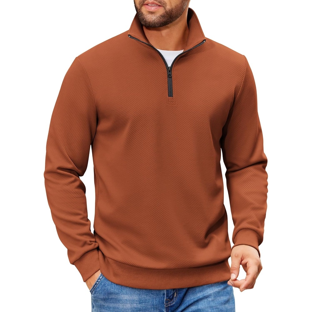 image:imageCOOFANDY Mens Quarter Zip Pullover Sweatshirt Casual Mock Neck Sweater 2026Caramel