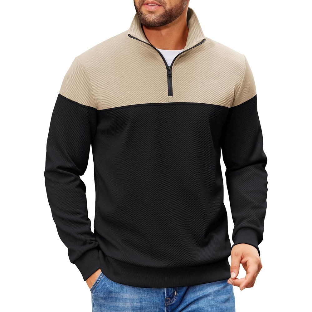 image:imageCOOFANDY Mens Quarter Zip Pullover Sweatshirt Casual Mock Neck Sweater 2026Color Block Black Khaki
