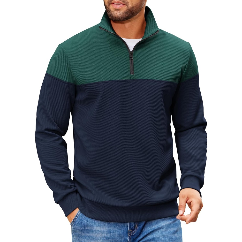 image:imageCOOFANDY Mens Quarter Zip Pullover Sweatshirt Casual Mock Neck Sweater 2026Color Block Green Navy Blue