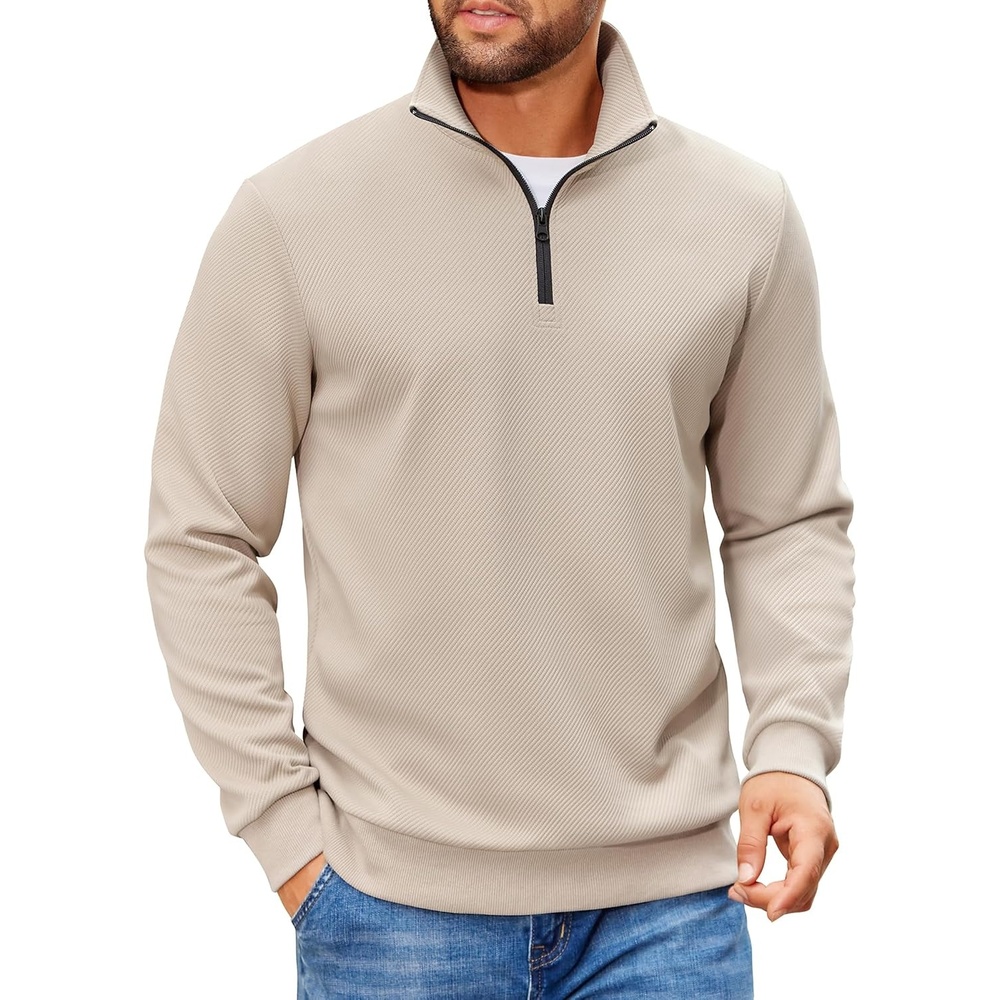 image:imageCOOFANDY Mens Quarter Zip Pullover Sweatshirt Casual Mock Neck Sweater 2026Light Khaki