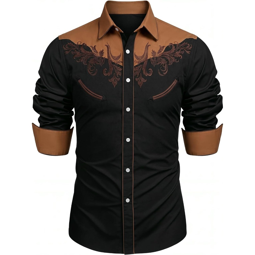 image:imageCOOFANDY Mens Western Cowboy Shirt Embroidered Button Down Long Sleeve ShirtsBlack Brown