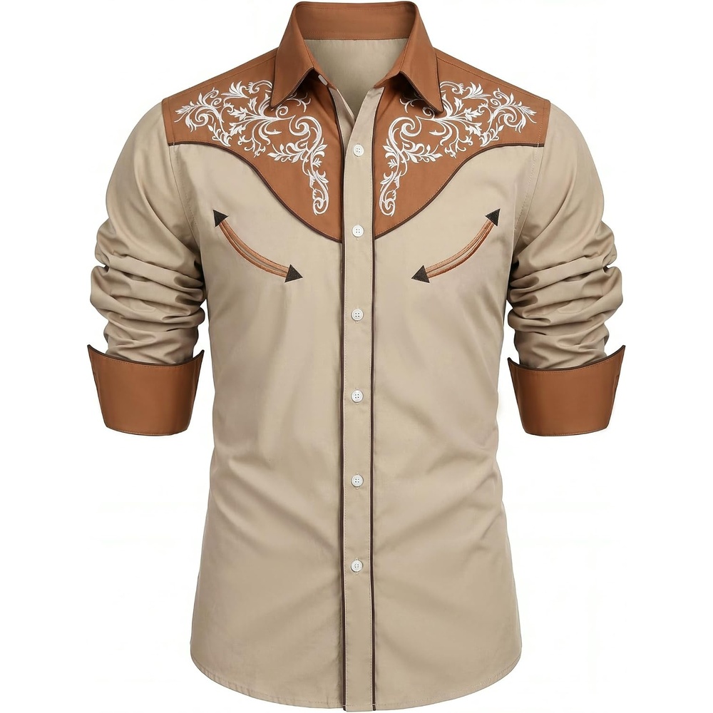 image:imageCOOFANDY Mens Western Cowboy Shirt Embroidered Button Down Long Sleeve ShirtsDark Brownkhaki