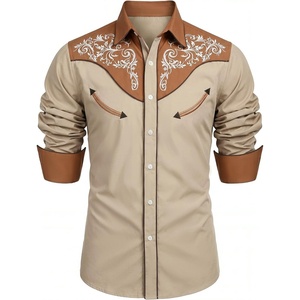 COOFANDY Men’s Western Cowboy Shirt Embroidered Button Down Long Sleeve Shirts(Dark Brown&khaki)