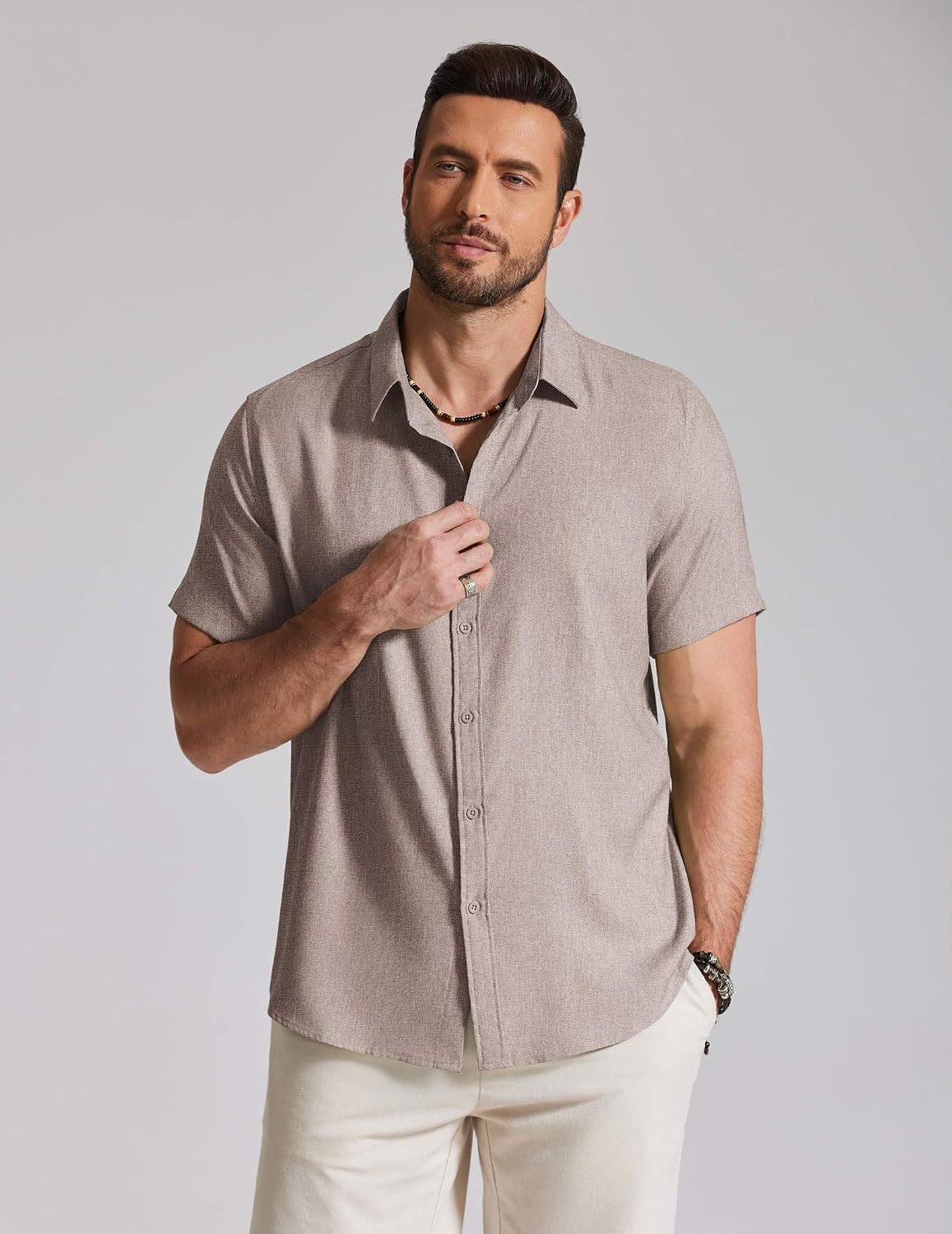image:imageCOOFANDY Mens Casual Button Down Shirt Short Sleeve Summer Beach ShirtsChampagne