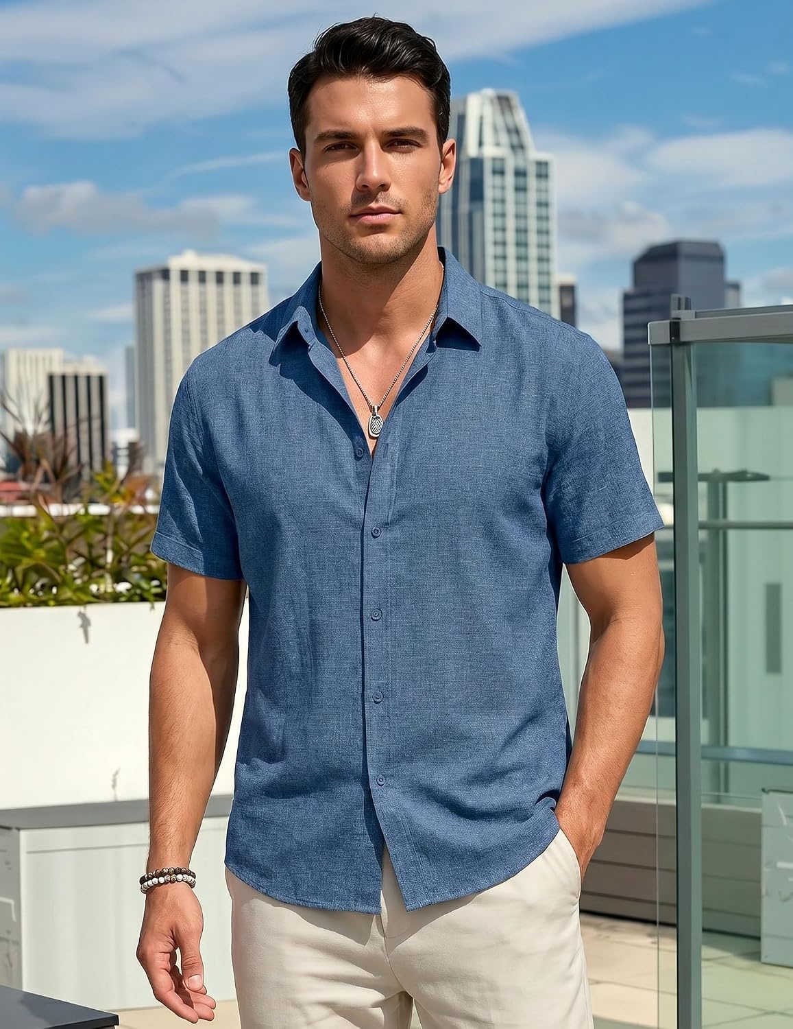 image:imageCOOFANDY Mens Casual Button Down Shirt Short Sleeve Summer Beach ShirtsDenim Blue