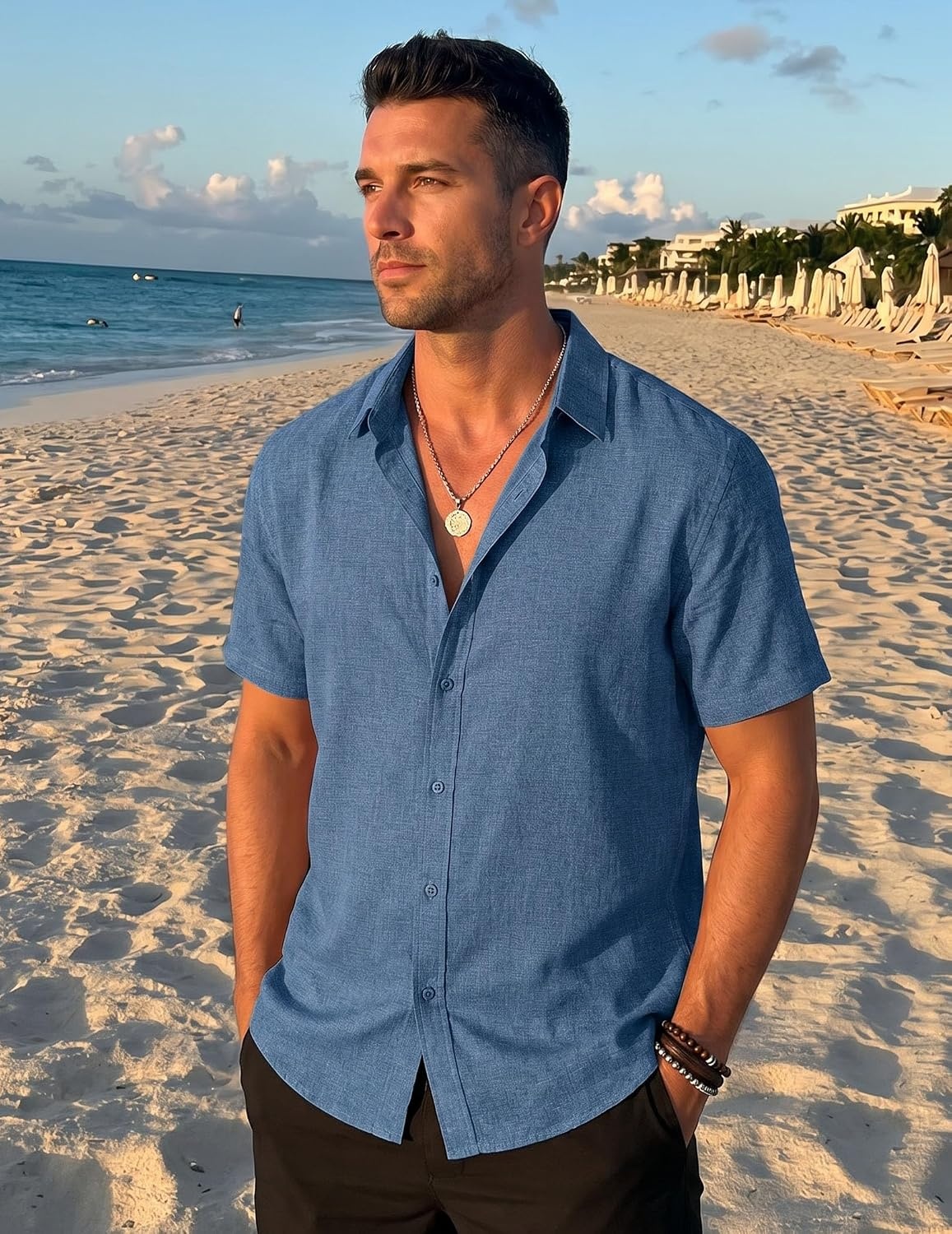 image:imageCOOFANDY Mens Casual Button Down Shirt Short Sleeve Summer Beach ShirtsDenim Blue