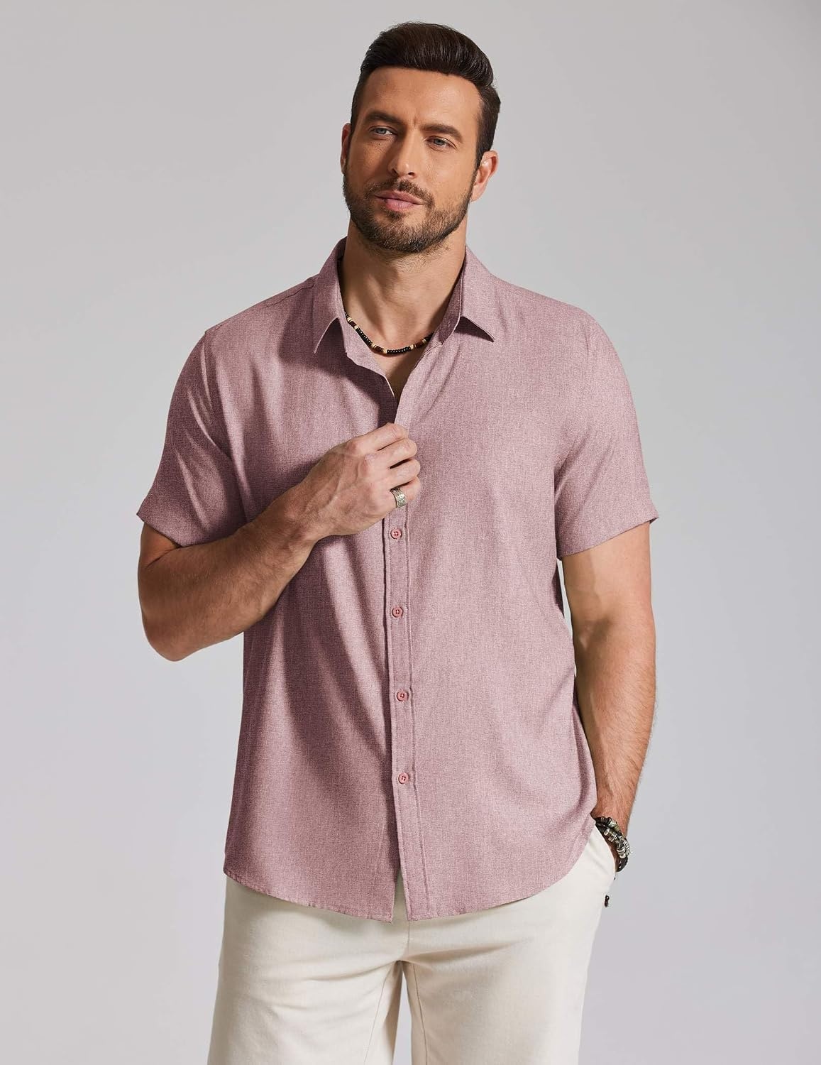 image:imageCOOFANDY Mens Casual Button Down Shirt Short Sleeve Summer Beach ShirtsDusty Pink