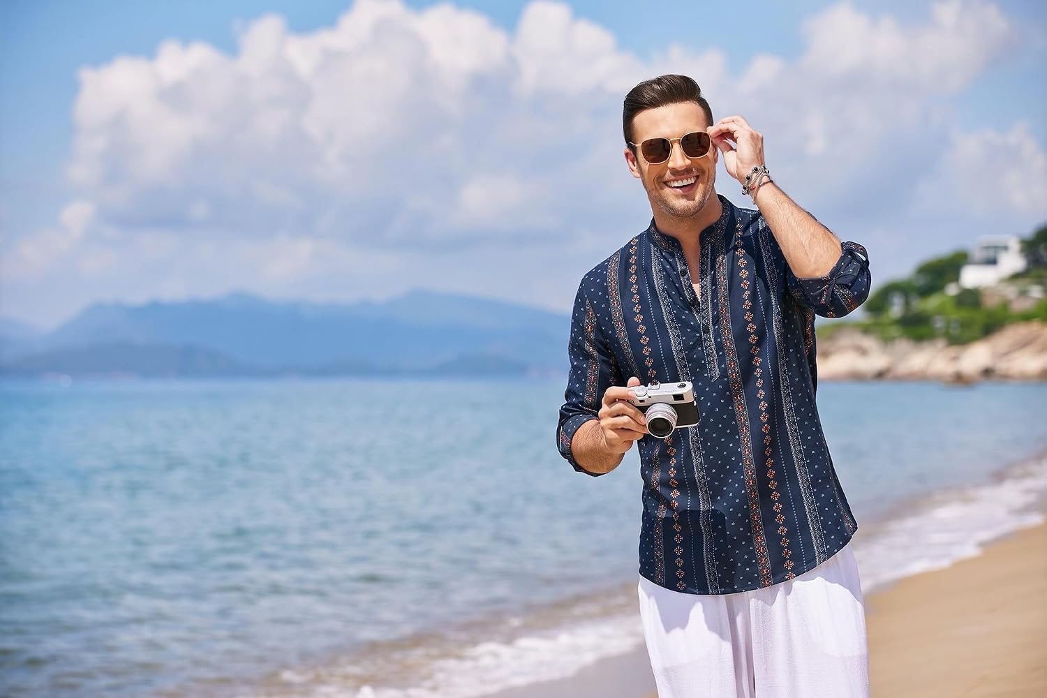 image:imageCOOFANDY Mens Cotton Linen Henley TShirts Long Sleeve Casual Beach ShirtsNavy Blue Retro Cuban Pattern