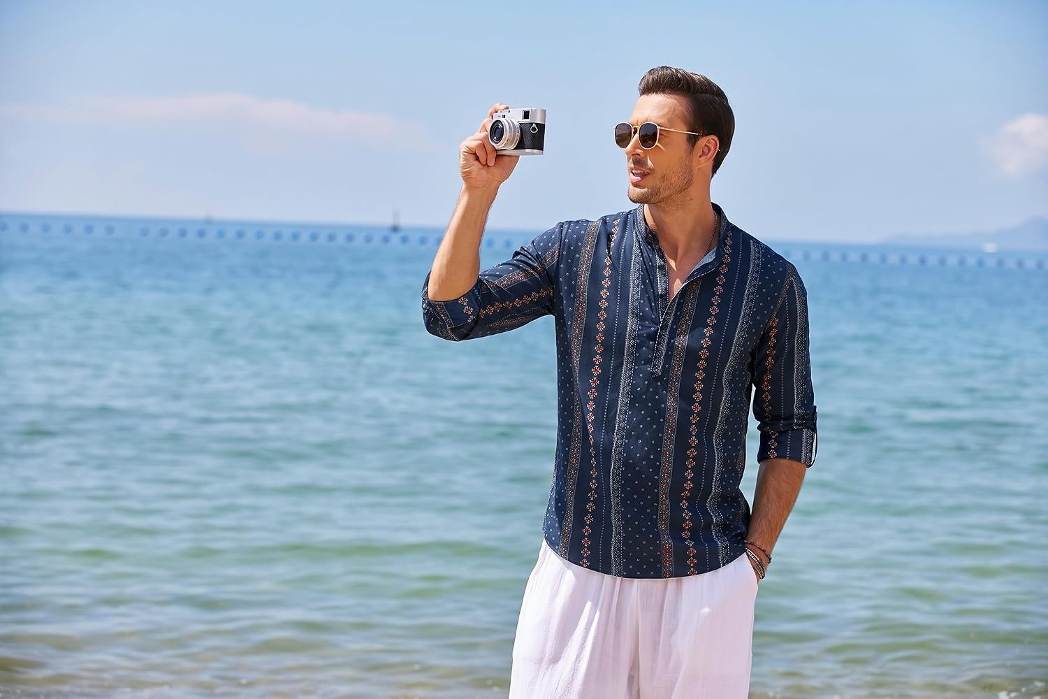 image:imageCOOFANDY Mens Cotton Linen Henley TShirts Long Sleeve Casual Beach ShirtsNavy Blue Retro Cuban Pattern