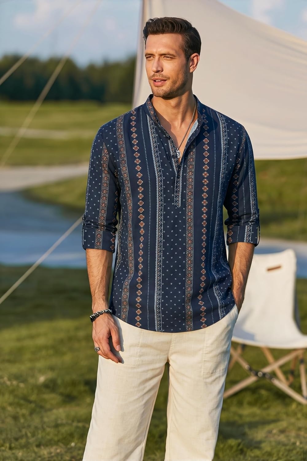 image:imageCOOFANDY Mens Cotton Linen Henley TShirts Long Sleeve Casual Beach ShirtsNavy Blue Retro Cuban Pattern