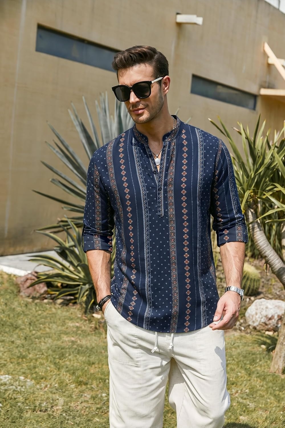image:imageCOOFANDY Mens Cotton Linen Henley TShirts Long Sleeve Casual Beach ShirtsNavy Blue Retro Cuban Pattern