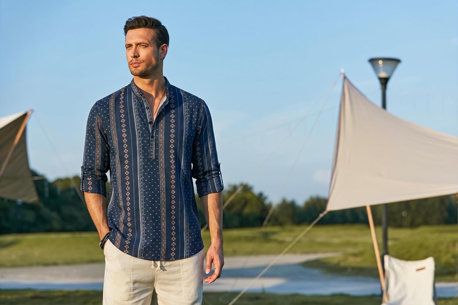 image:imageCOOFANDY Mens Cotton Linen Henley TShirts Long Sleeve Casual Beach ShirtsNavy Blue Retro Cuban Pattern