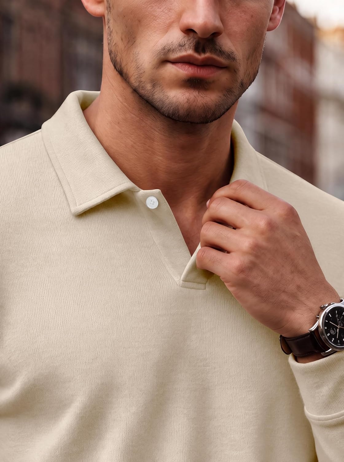 image:imageCOOFANDY Mens Knit Polo Shirts Casual Long Sleeve Polo Sweater Golf ShirtsBeige