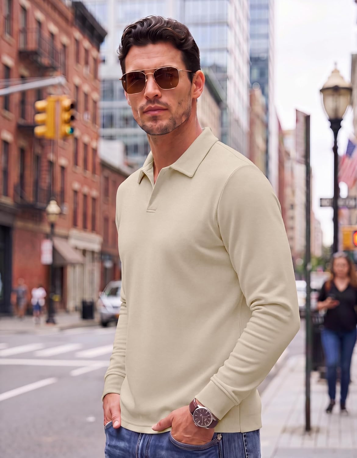 image:imageCOOFANDY Mens Knit Polo Shirts Casual Long Sleeve Polo Sweater Golf ShirtsBeige