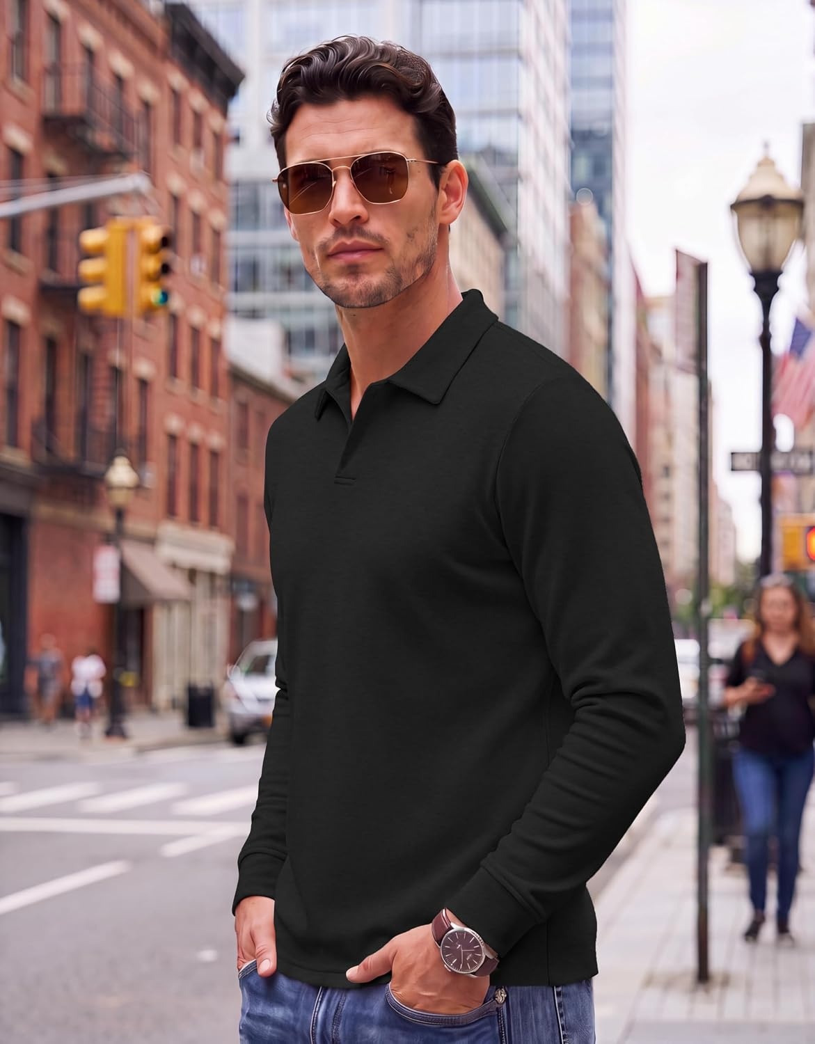 image:imageCOOFANDY Mens Knit Polo Shirts Casual Long Sleeve Polo Sweater Golf ShirtsBlack