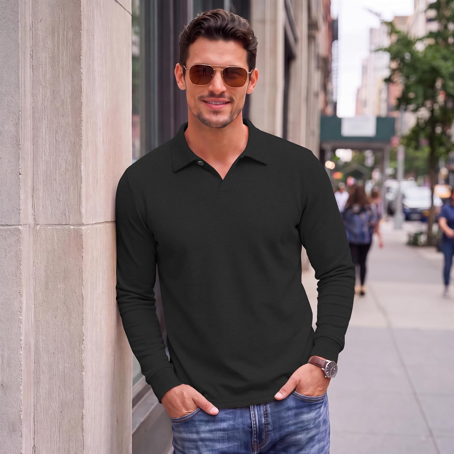 image:imageCOOFANDY Mens Knit Polo Shirts Casual Long Sleeve Polo Sweater Golf ShirtsBlack