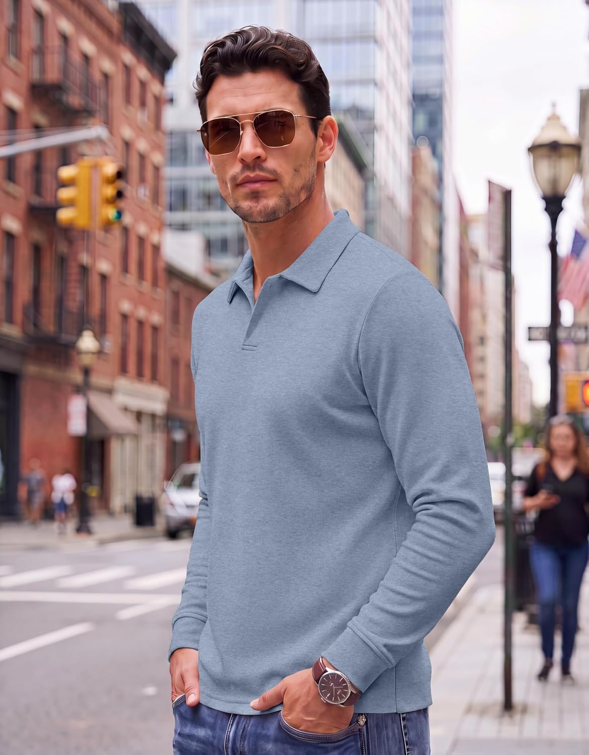 image:imageCOOFANDY Mens Knit Polo Shirts Casual Long Sleeve Polo Sweater Golf ShirtsBlue