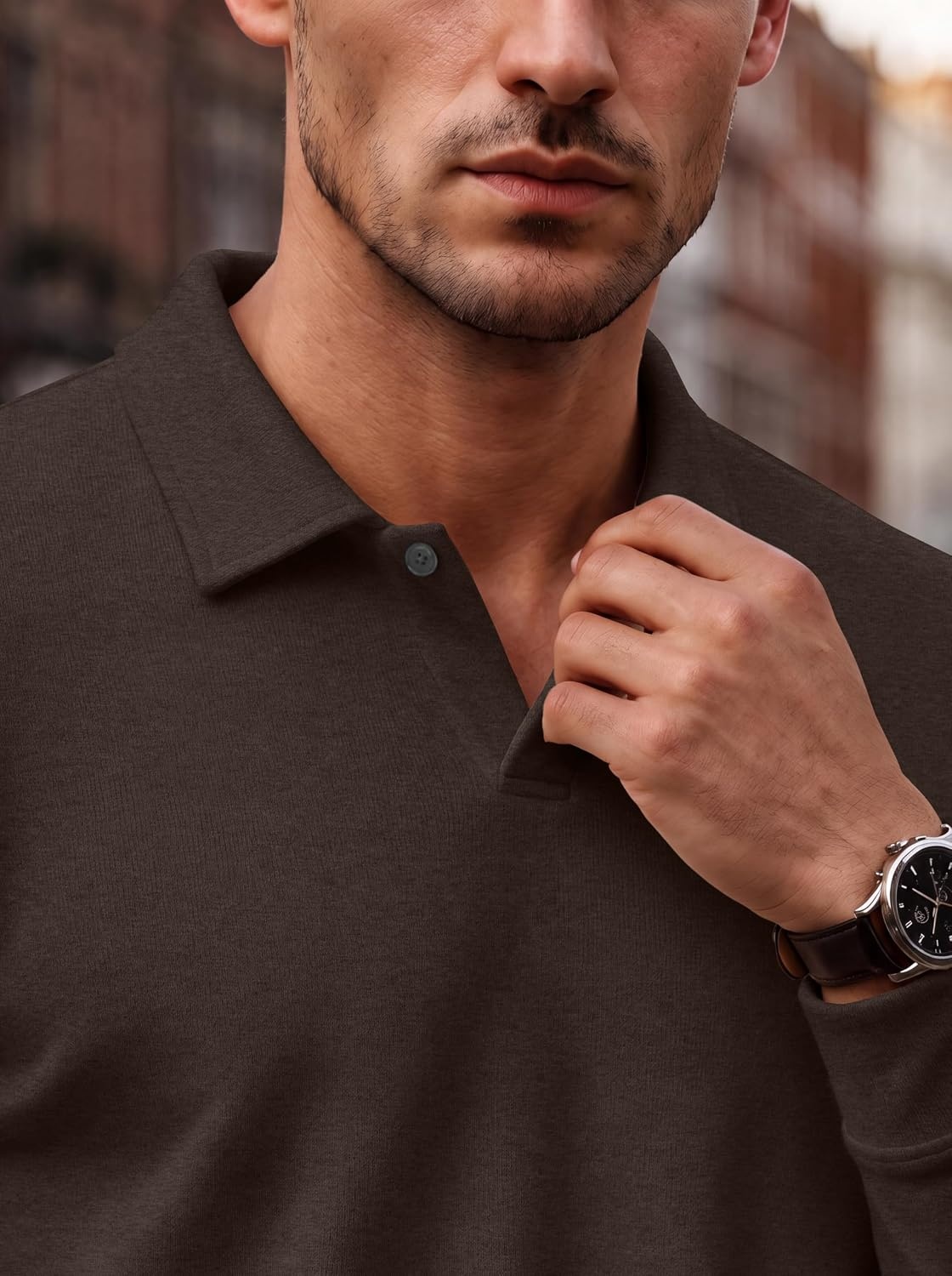 image:imageCOOFANDY Mens Knit Polo Shirts Casual Long Sleeve Polo Sweater Golf ShirtsBrown