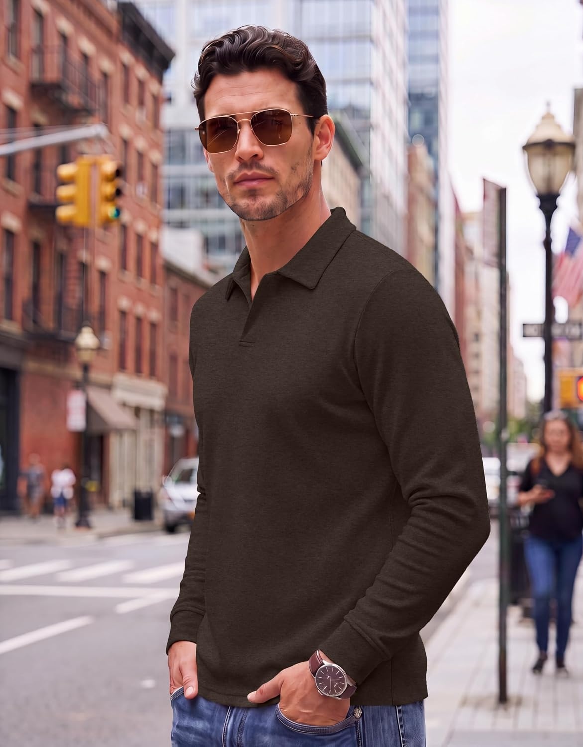 image:imageCOOFANDY Mens Knit Polo Shirts Casual Long Sleeve Polo Sweater Golf ShirtsBrown