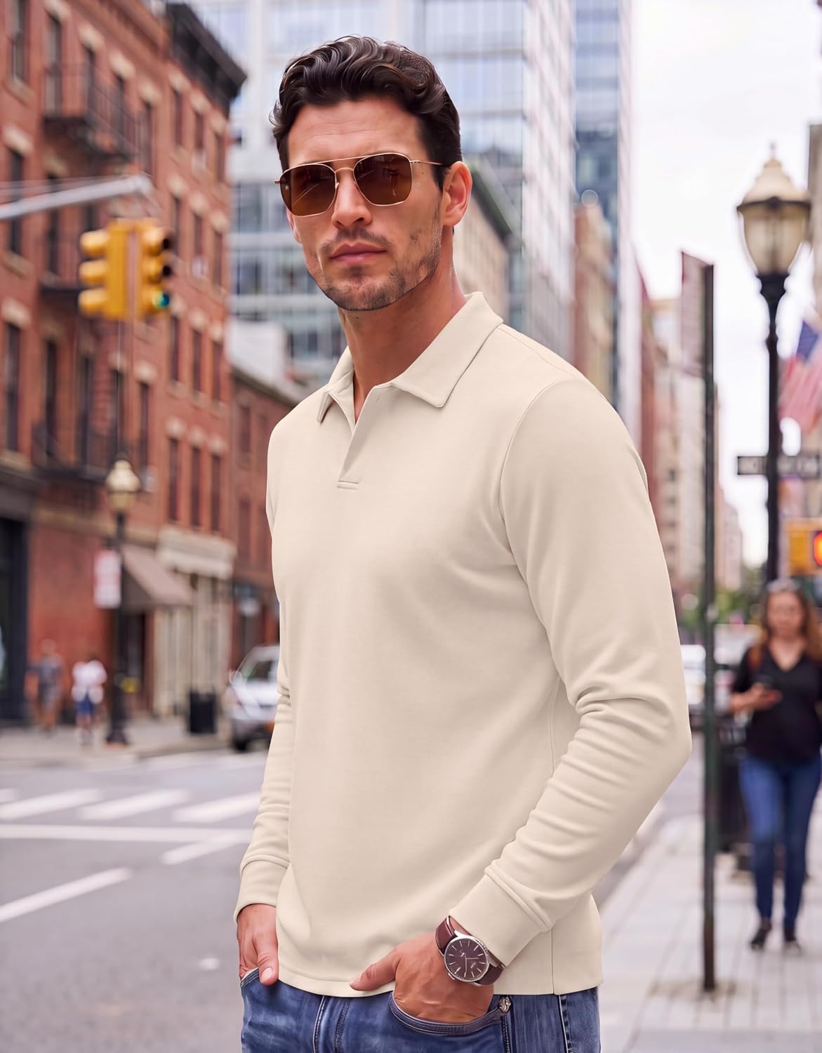 image:imageCOOFANDY Mens Knit Polo Shirts Casual Long Sleeve Polo Sweater Golf ShirtsCream White