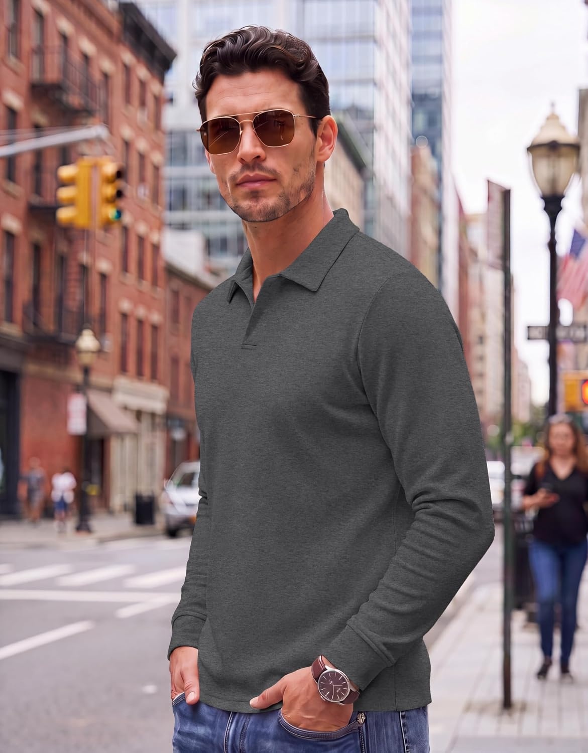 image:imageCOOFANDY Mens Knit Polo Shirts Casual Long Sleeve Polo Sweater Golf ShirtsDark Grey