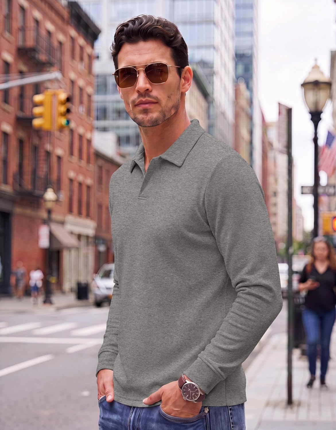 image:imageCOOFANDY Mens Knit Polo Shirts Casual Long Sleeve Polo Sweater Golf ShirtsGrey
