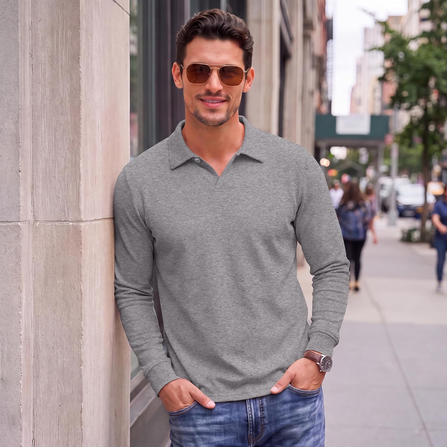 image:imageCOOFANDY Mens Knit Polo Shirts Casual Long Sleeve Polo Sweater Golf ShirtsGrey