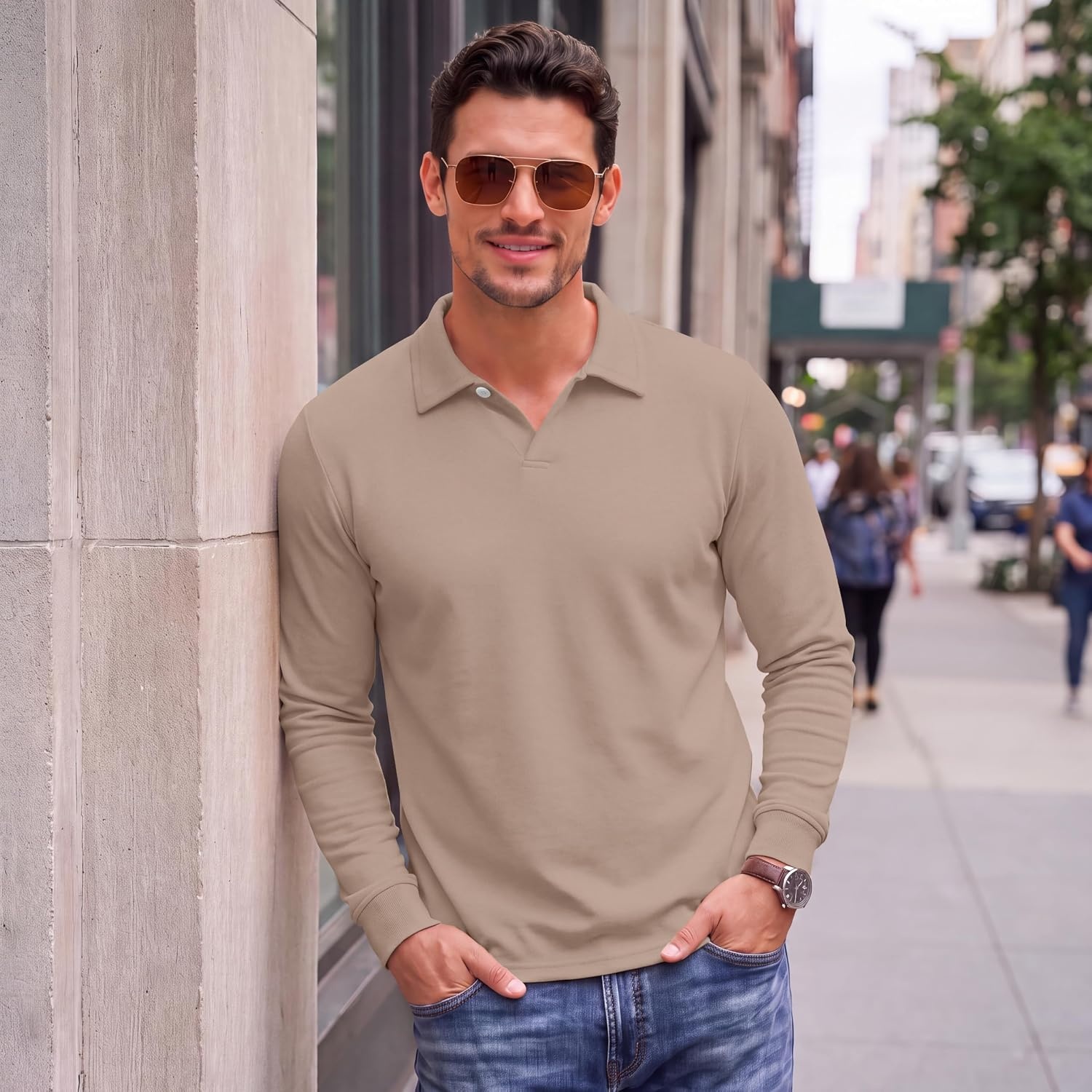image:imageCOOFANDY Mens Knit Polo Shirts Casual Long Sleeve Polo Sweater Golf ShirtsKhaki