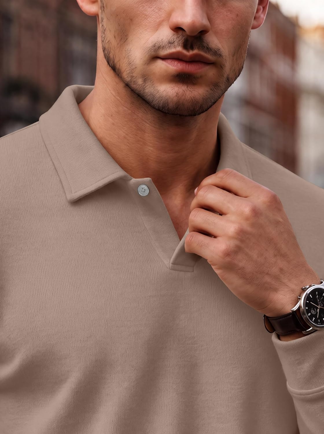 image:imageCOOFANDY Mens Knit Polo Shirts Casual Long Sleeve Polo Sweater Golf ShirtsKhaki