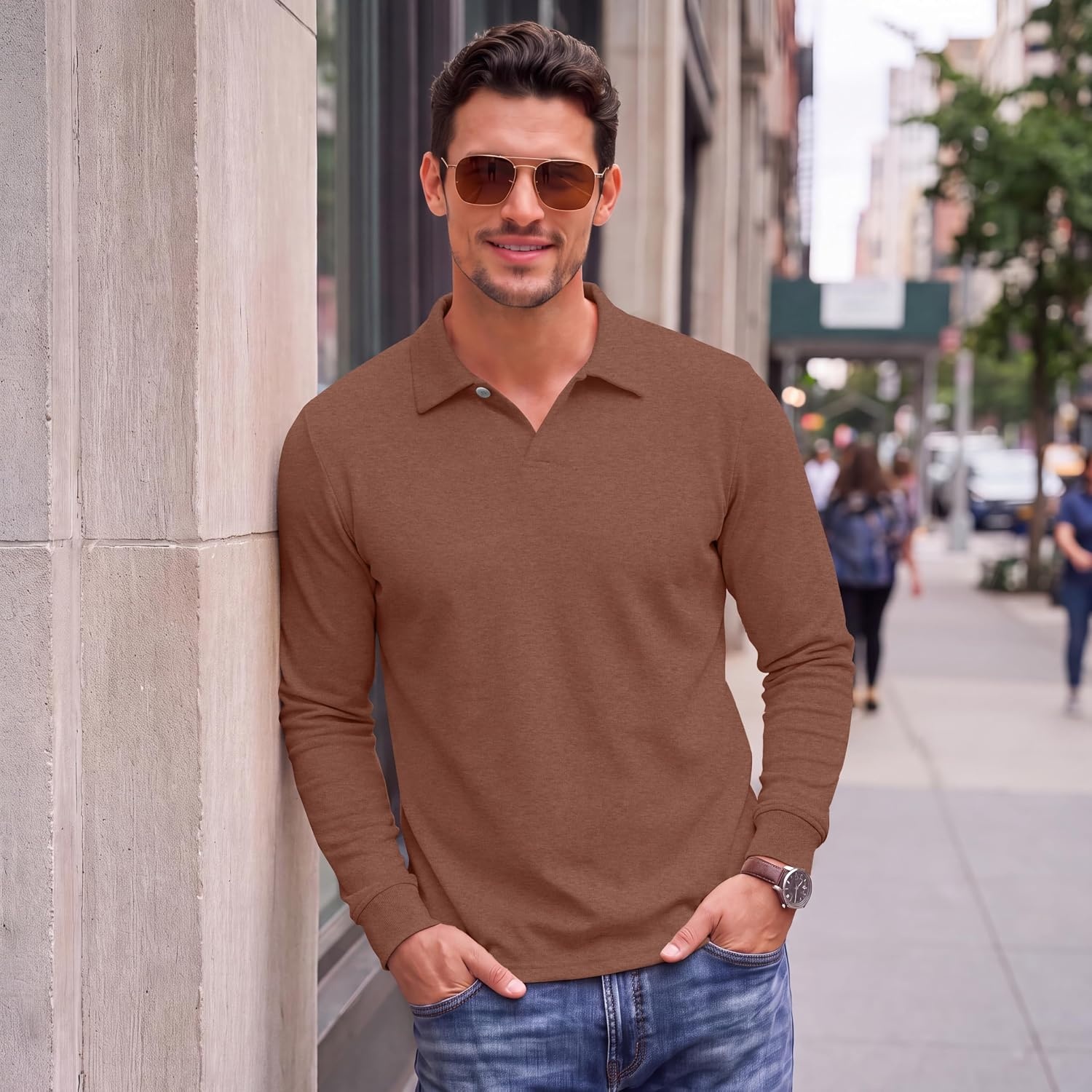 image:imageCOOFANDY Mens Knit Polo Shirts Casual Long Sleeve Polo Sweater Golf ShirtsLight Brown