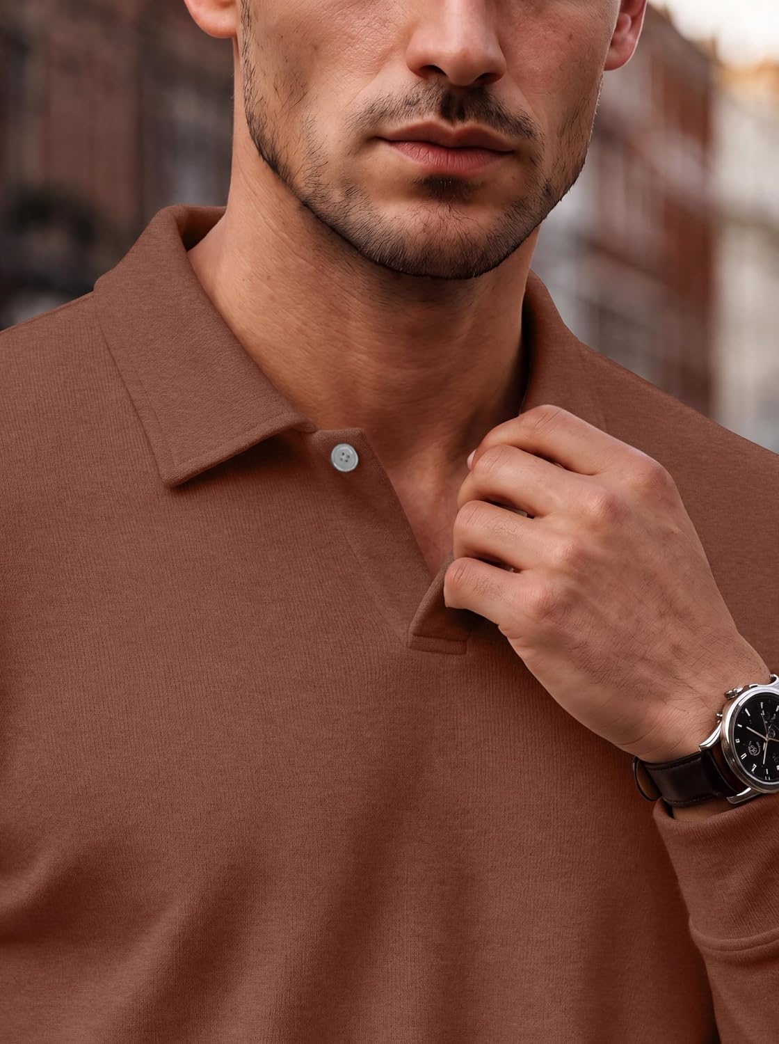 image:imageCOOFANDY Mens Knit Polo Shirts Casual Long Sleeve Polo Sweater Golf ShirtsLight Brown