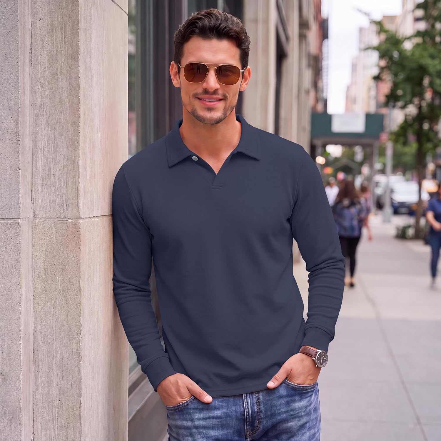 image:imageCOOFANDY Mens Knit Polo Shirts Casual Long Sleeve Polo Sweater Golf ShirtsNavy Blue