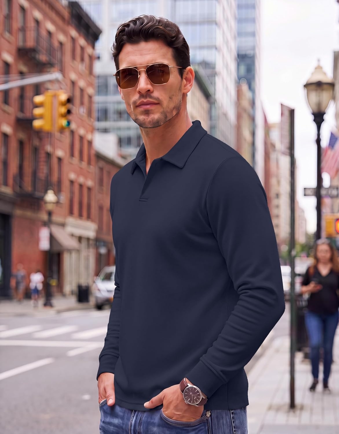 image:imageCOOFANDY Mens Knit Polo Shirts Casual Long Sleeve Polo Sweater Golf ShirtsNavy Blue